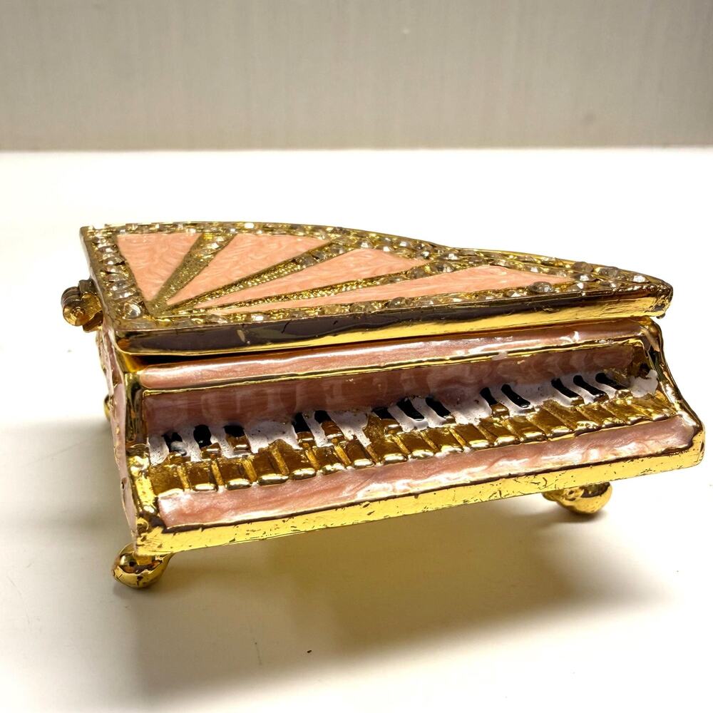 Vintage Grand Piano Metal Enameled Faux Crystal Trinket Box